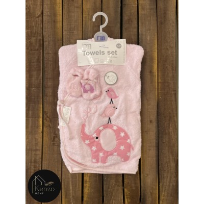 حوله|سرویس حوله نوزادی ۵ تیکه مادرکر MOTHERCARE مدل: BIRD AND ELEPHENT PINK