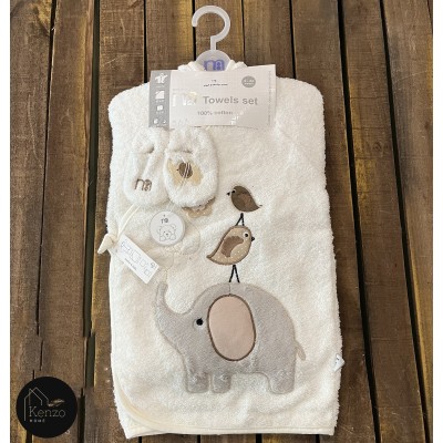 حوله|سرویس حوله نوزادی ۵ تیکه مادرکر MOTHERCARE مدل: BIRD AND ELEPHENT KREM